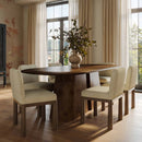 Mesa de comedor ovalada Gladyss de 87" con acabado en madera de raíz